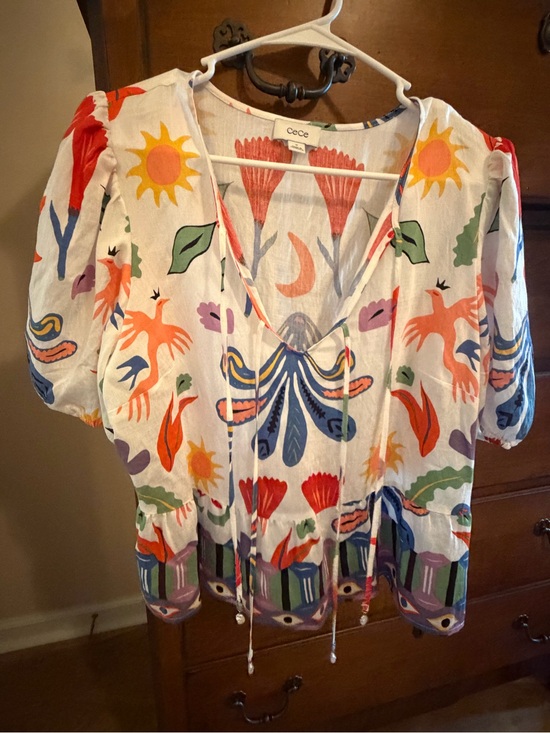 CeCe Tops - CeCe White Multicolor Floral & Sun Peasant Tunic